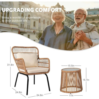 3 Piece Outdoor Wicker Furniture Bistro Set, Rattan Chairs Conversation Porch