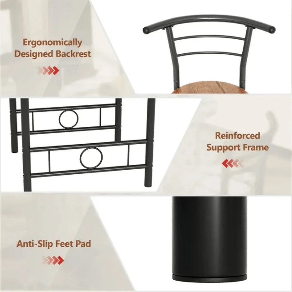 3-Piece Wooden Round Table & Chair Set, Space Saving Kitchen Breakfast Nook Wood Grain Tabletop With Metal Frame