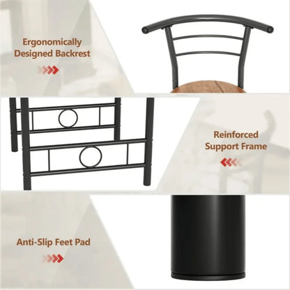 3-Piece Wooden Round Table & Chair Set, Space Saving Kitchen Breakfast Nook Wood Grain Tabletop With Metal Frame