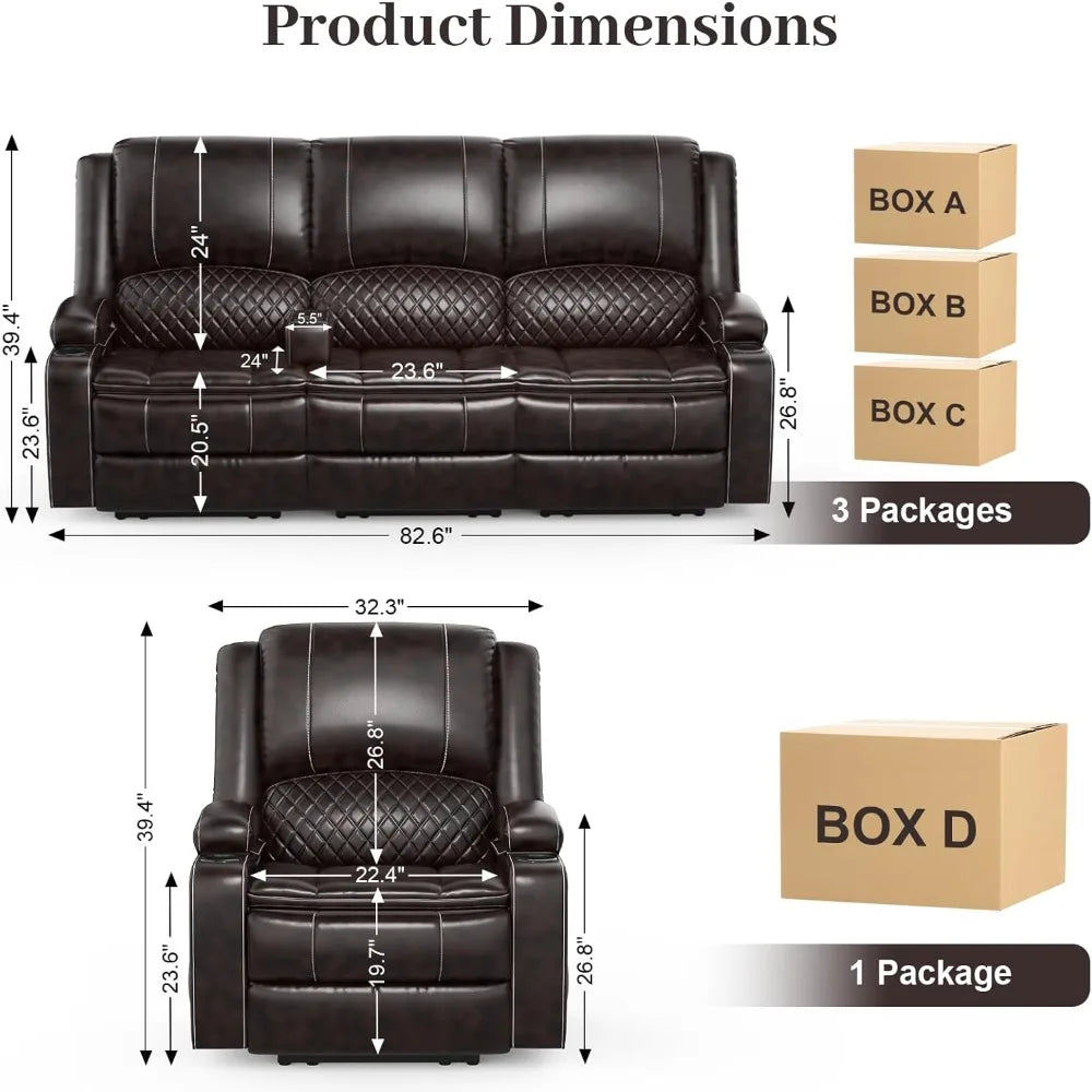 3 seater recliner sofa set with 2-tier cushion, 3+1 pieces in living room, 3 seater reclining couch leather with removable conso