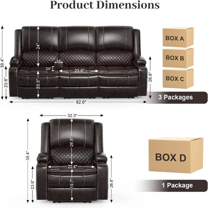 3 seater recliner sofa set with 2-tier cushion, 3+1 pieces in living room, 3 seater reclining couch leather with removable conso