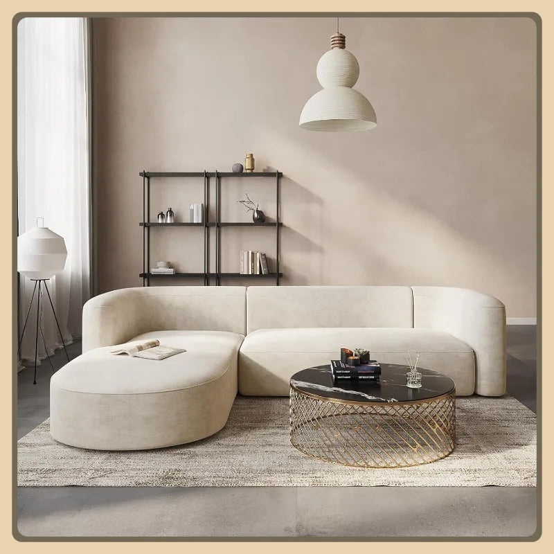 Modern Velvet L-Shaped Sofa, Luxury Curved Back with Left Chaise (Cream)