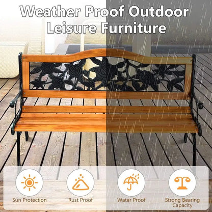 50 Rose Cast Iron & Hardwood Patio Loveseat, Weather-Resistant Outdoor Bench for 2