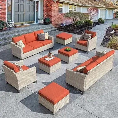 Wicker Patio Furniture Set Modern Outdoor Conversation  Sofa with Cushion and Ottomans for Garden, Poolside, Backyard
