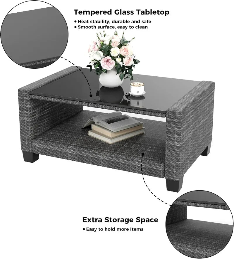 7-Seater Outdoor Sofa Set, 5-Piece Rattan Furniture with Table & Blue Cushions for Garden, Patio