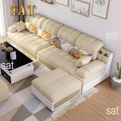 Nordic Modern Sky Blue L-Shaped Corner Sofa Soft Three Seater Loveseat and Bunk Bed Couch Set for Living Room