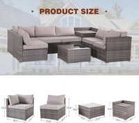 A 8 Pieces Patio Furniture Set Wicker Outdoor Conversation Set Rattan Sectional Sofa Set w/Storage Box & Glass Coffee Table