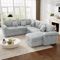 Sectional Sleeper Sofa with Pull Out Bed and Storage Chaise, Fluffy Soft Corduroy Fabric, Modern Comfy U Shaped Couch.