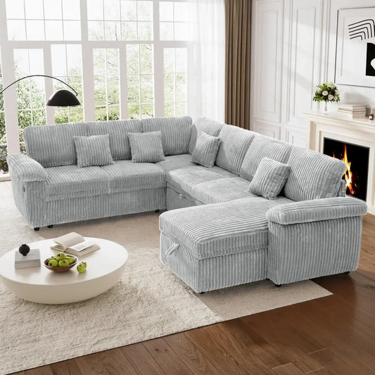 Sectional Sleeper Sofa with Pull Out Bed and Storage Chaise, Fluffy Soft Corduroy Fabric, Modern Comfy U Shaped Couch.
