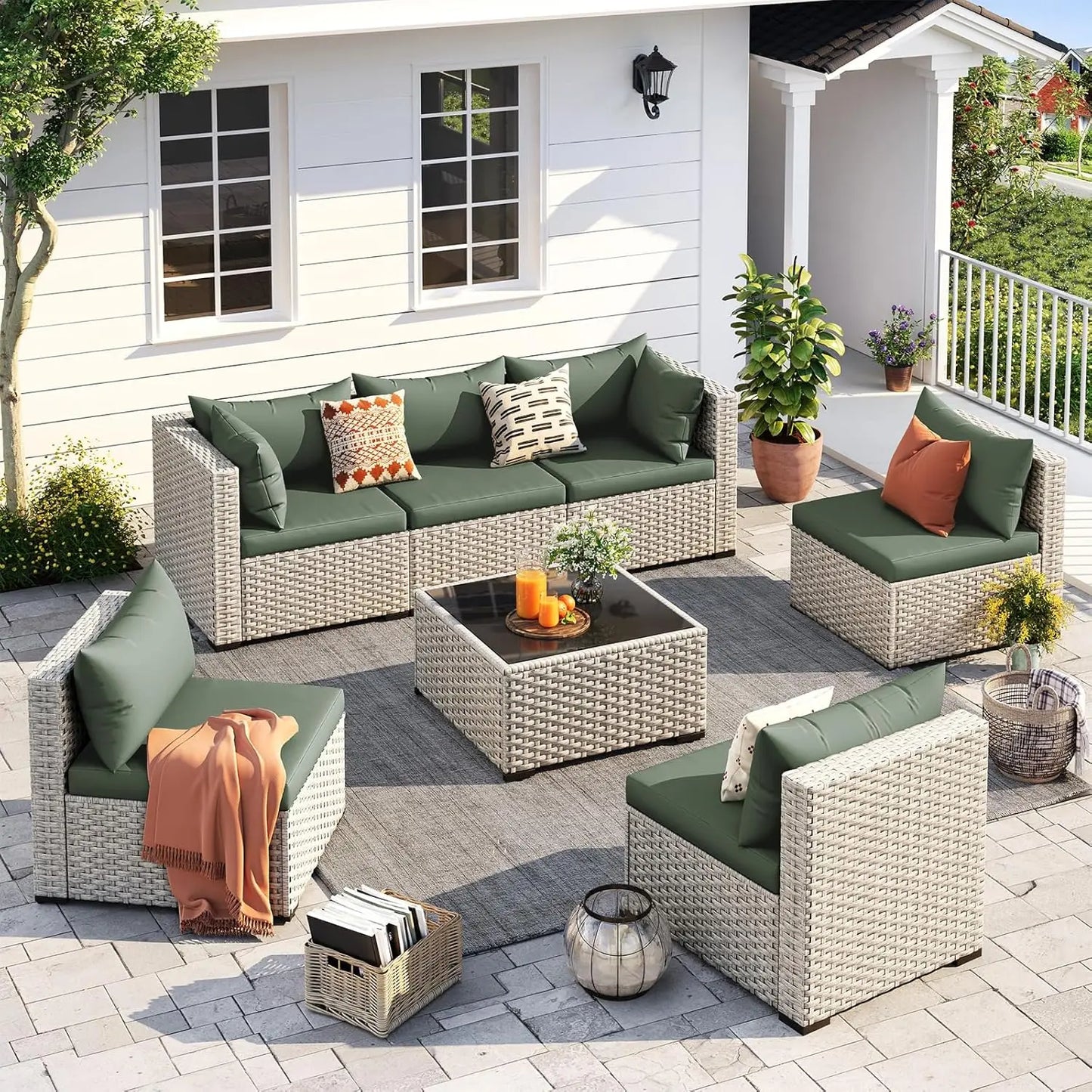 Outdoor Patio Furniture Set, 7-Piece PE Wicker Sectional Sofa with Tea Table, Outdoor Conversation Set for Patio,