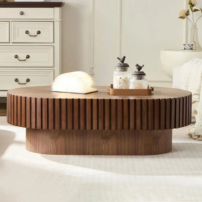 Oval Coffee Table for Living Room Fluted Coffee Table with Pedestal Modern Handcrafted Wood Centre