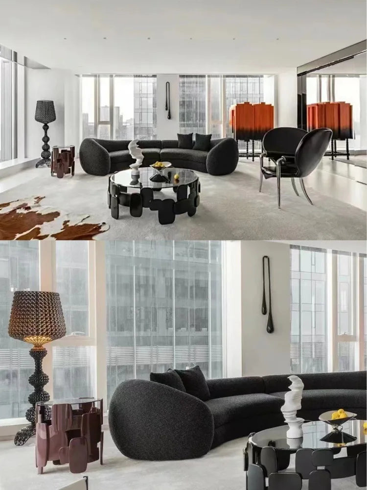 Italian minimalist U-shaped curved three-person living room sofa lamb wool hotel bed and breakfast