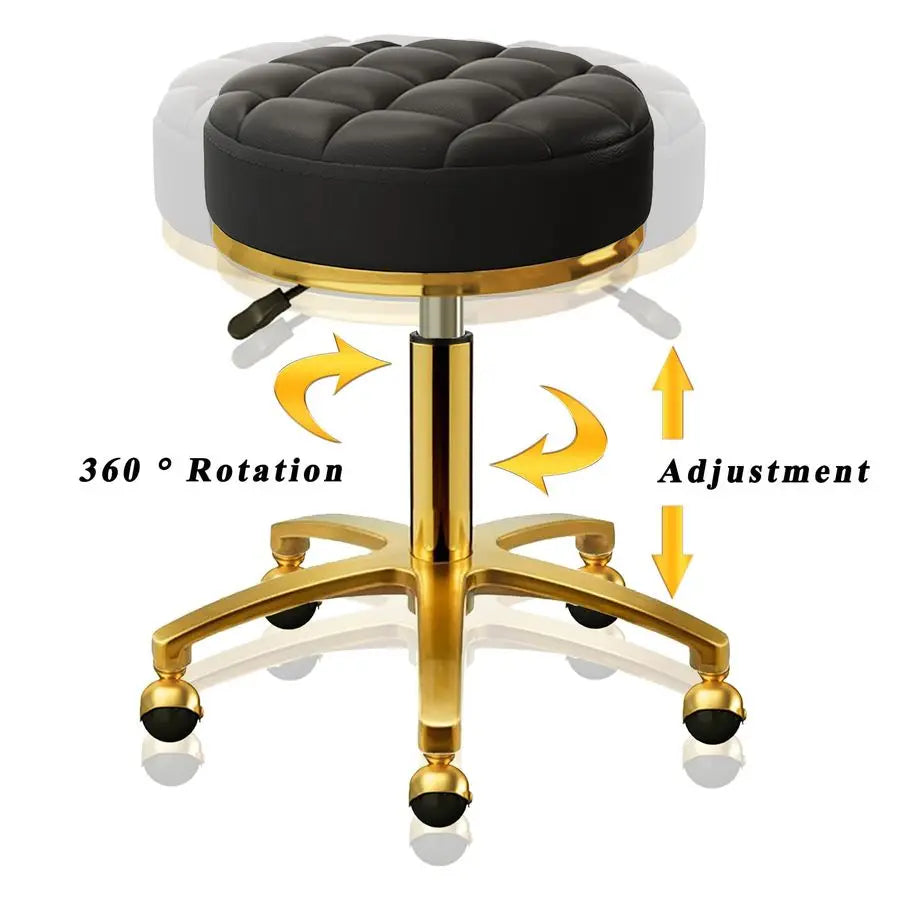 Rolling Stool Gold Vanity Stool with Wheels, Pedicure Massage Roller Stools, PU Leather Round Swivel Salon Spa Chair, Titanium