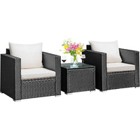 3 Pieces Patio Furniture Set, PE Rattan Wicker Sofa Set with Washable Cushion and Tempered Glass Tabletop, Outdoor or Garden Poo