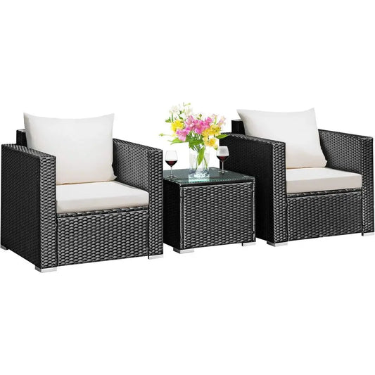 3 Pieces Patio Furniture Set, PE Rattan Wicker Sofa Set with Washable Cushion and Tempered Glass Tabletop, Outdoor or Garden Poo
