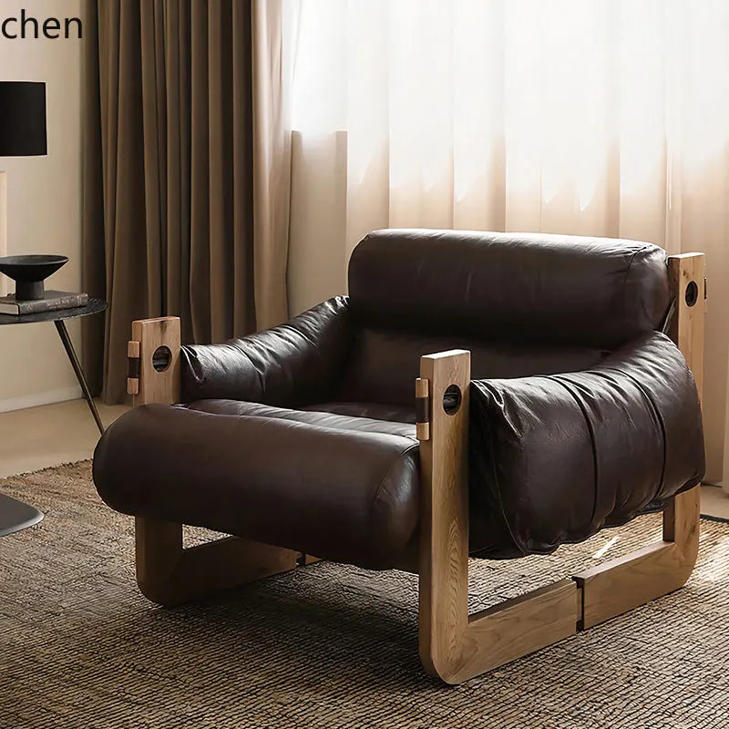 Single sofa chair medium antique solid wood retro home leisure bedroom leather