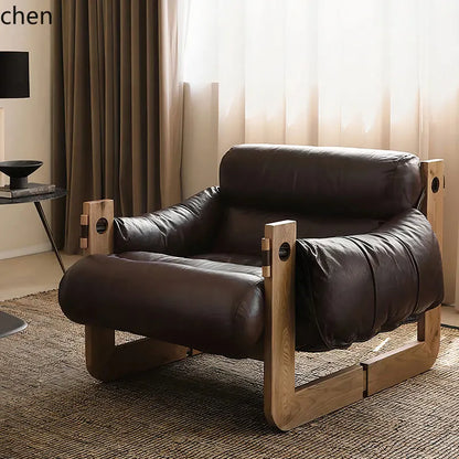 Single sofa chair medium antique solid wood retro home leisure bedroom leather