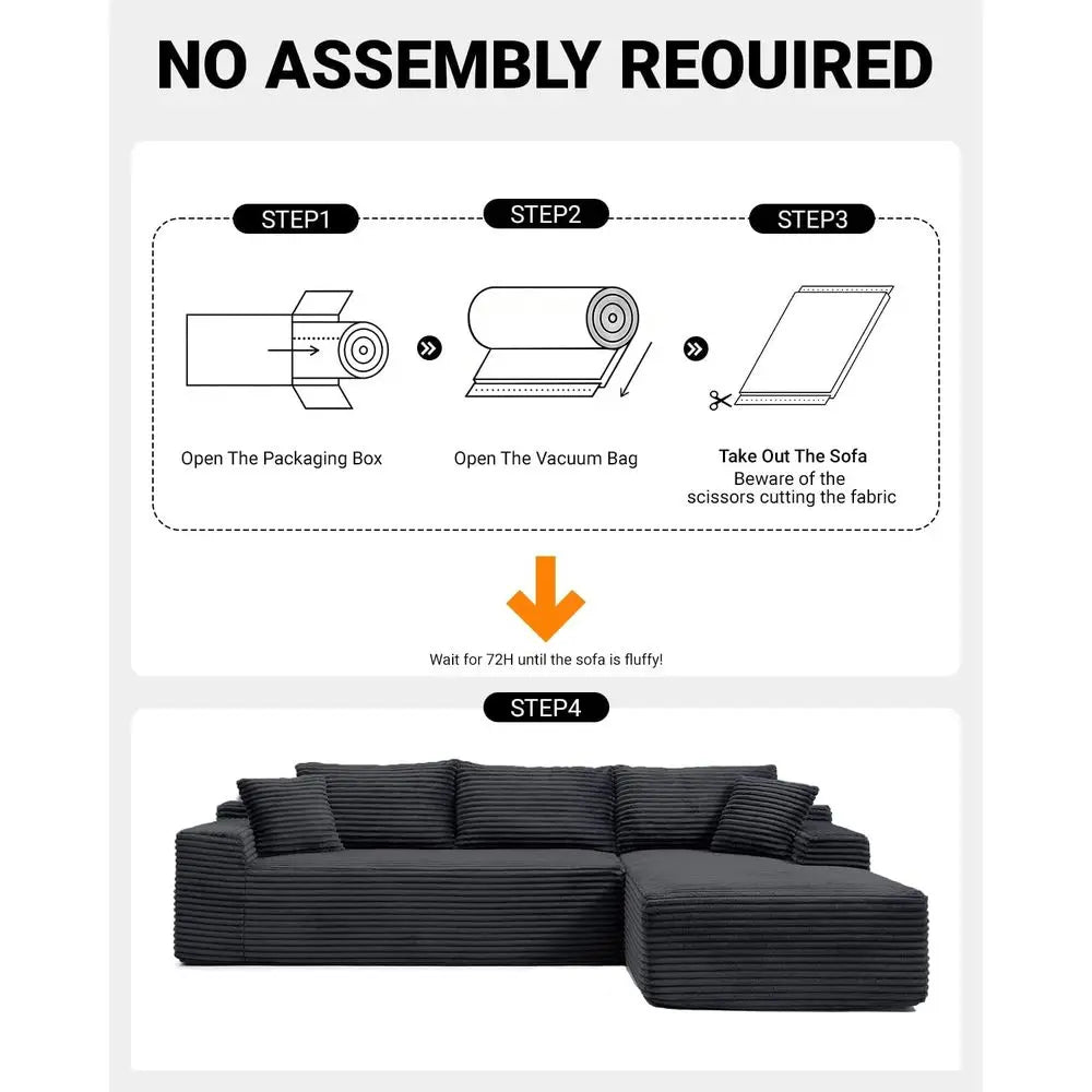 Modern 108 L-Shape Sectional Sofa, Deep Seated Cloud Couch, Corduroy Fabric, Black, Right Chaise, Living Room Furniture, No Asse