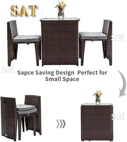 Hot Wicker Outdoor Patio Bistro Set Patio Furniture Set For Small Space With Glass Top Table Dining Chairs