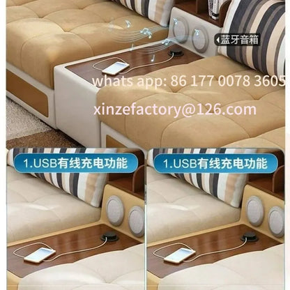 Customizable U-Shaped Sectional Fabric Sofa Set - Modern LivingRoom Furniture with Storage, Built-in Side Table, USB,andCushions