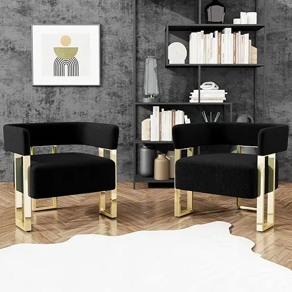 Modern Black and Gold Accent Chair Set of 2, Boucle Bucket Chairs Set of 2, Arm Chairs for Living Room Bedroom (2, Black)