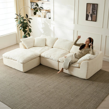 109" Modern Cloud L-Shaped 3-Seater Oversized Deep Seat Chenille Fabric Sofa White Modular Sectional with Ottoman