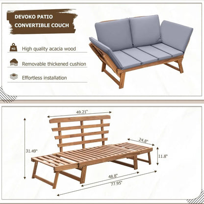 Devoko Outdoor Couch Acacia Wood Patio Couch with Adjustable Armrests Outdoor Convertible Sofa with Removable Cushions & Pillows