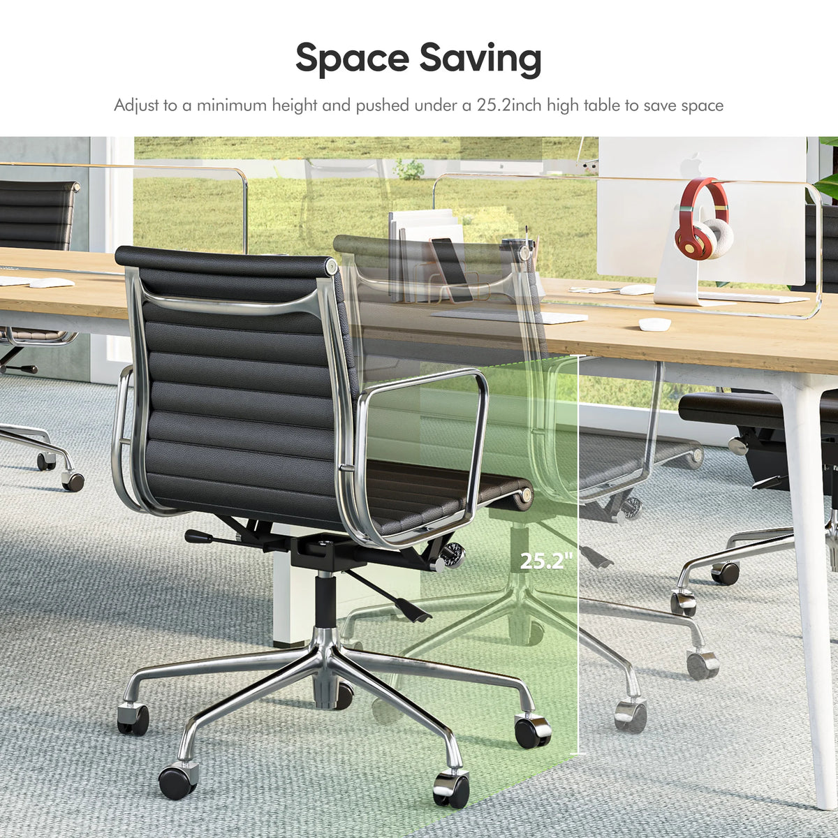 High Mid Back Ribbed Office Chair Genuine Leather Swivel Chair Adjustable Ergonomic Computer Chair with Aluminium Alloy Frame