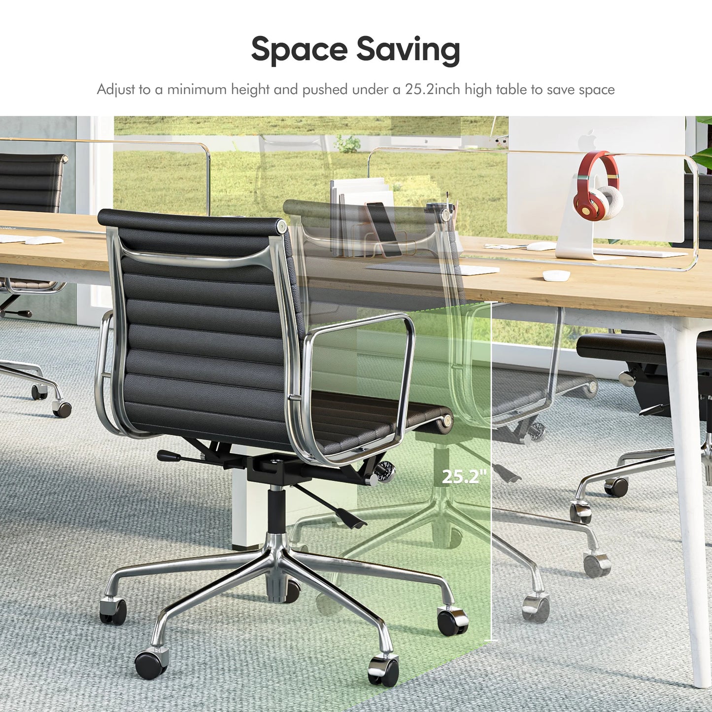 High Mid Back Ribbed Office Chair Genuine Leather Swivel Chair Adjustable Ergonomic Computer Chair with Aluminium Alloy Frame