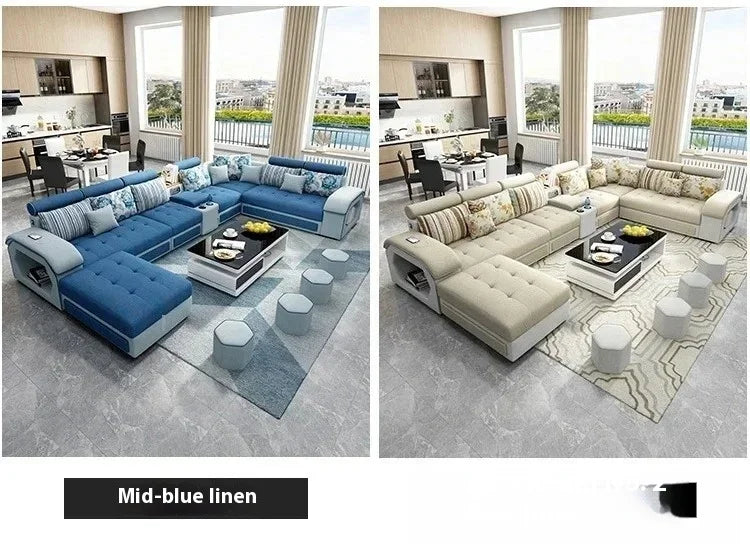 Linlamim Fabric Sofa Set Furniture Living Room Sofa Set with USB and Stools / Big U Shape Cloth Couch Sofas for Home Furniture