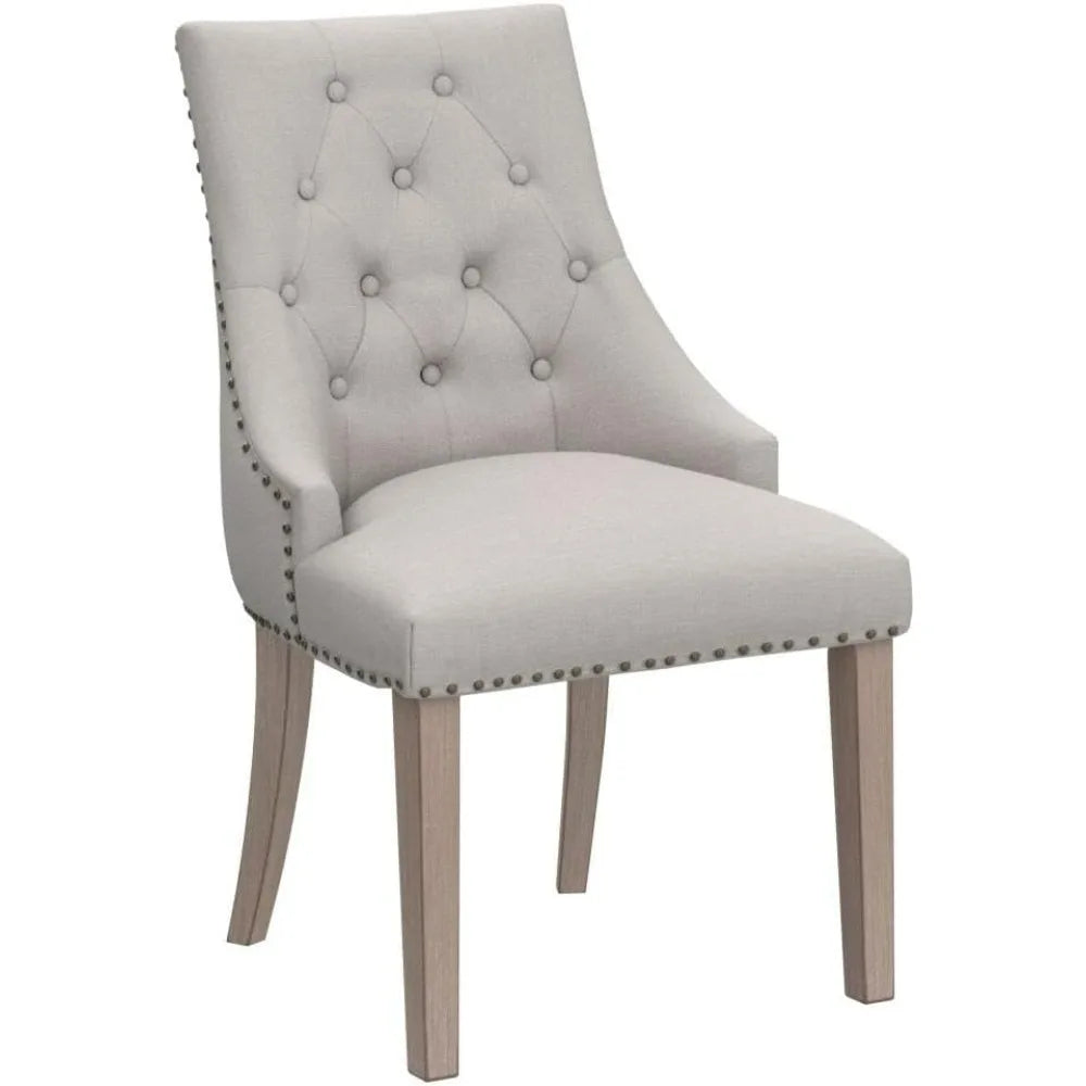 Dining Chair Beige Fabric Leisure Padded Ring Chair, Nailed Trim, Set of 2