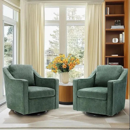 Set of 2 Upholstered Swivel Accent Chairs with Track Arms, Thick Padding, Solid Metal Base, Mid-Century Modern Design