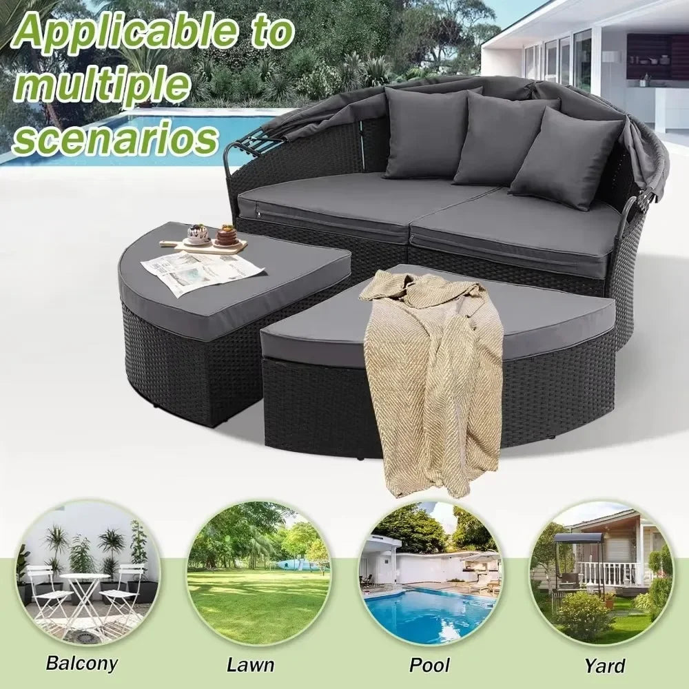 Nordic luxury Leisure Round Daybed with Retractable Canopy,Outdoor Furniture with Washable Cushions, Clamshell Sectional Seating