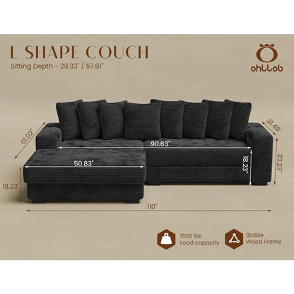 110 Modular Sectional Sofa, L Shaped Couch with Chaise Lounge, Fluffy Corduroy Cloud Couch with Deep Seat for Living Room