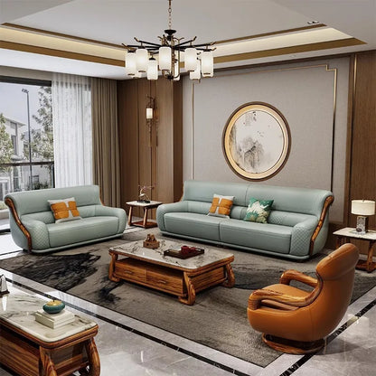 leather sofa new Chinese-style first-layer cowhide European-style solid wood living room corner combination villa
