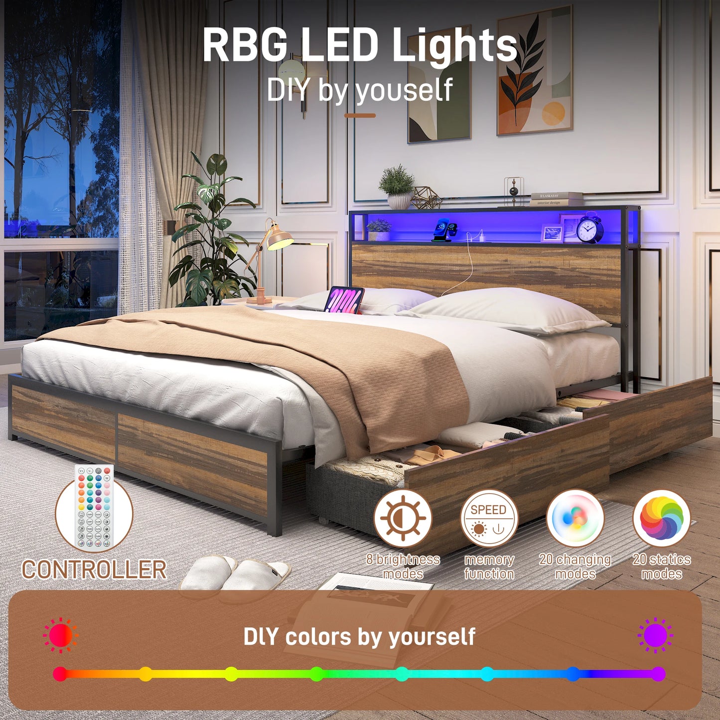LED Bed Frame Full/QueenKing Size with 2 USB Ports and Outlets, Platform Metal Bed Frame with 4 Storage Drawers and Headboard