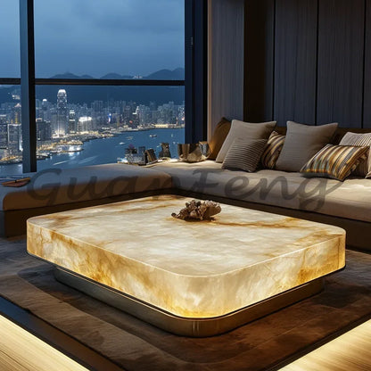 Jade square luminous coffee table premium villa living room modern minimalist marble Venice light luxury stone