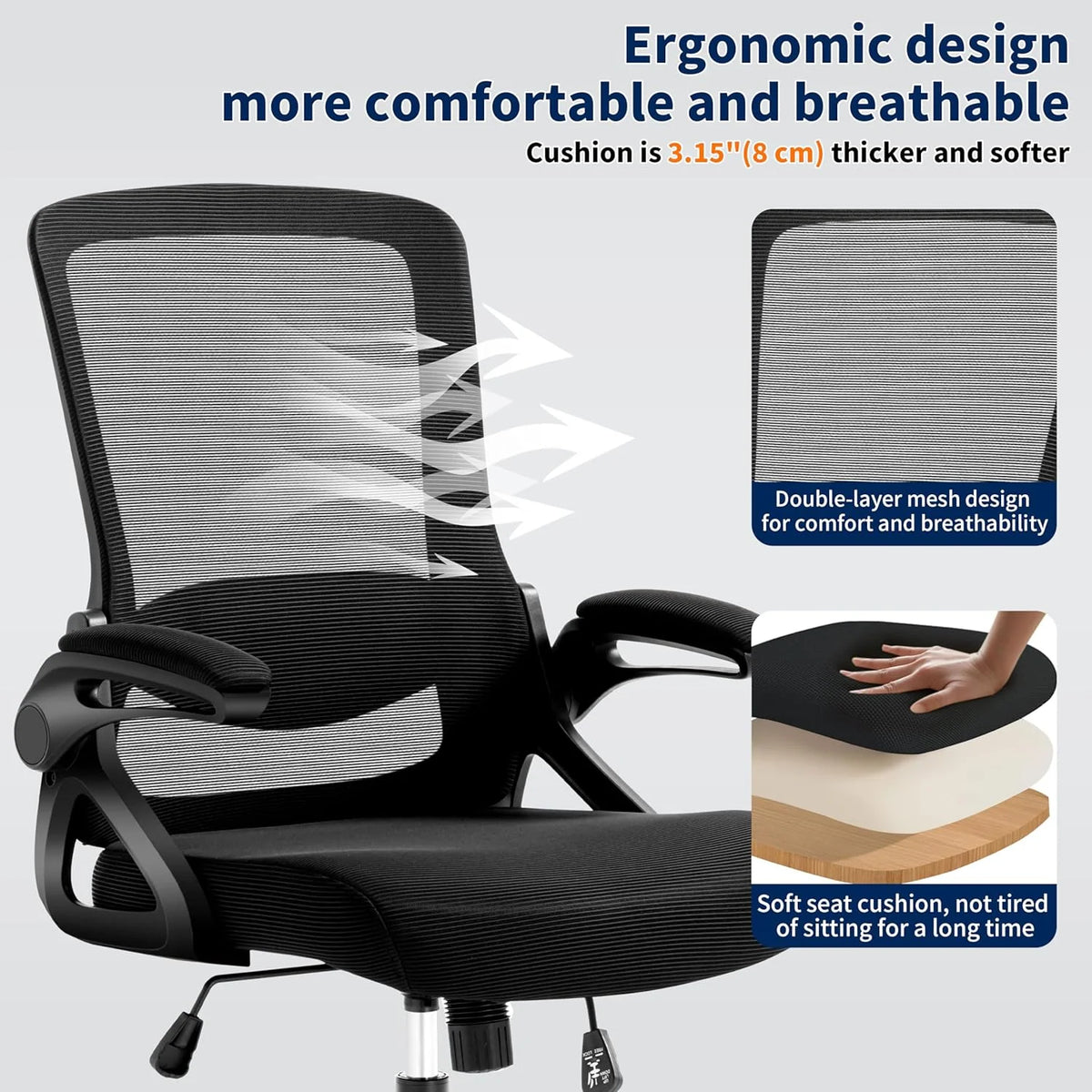 Ergonomic Office Chair, Desk Chair with Adjustable Lumbar Support, Breathable Mesh Comfy Computer Chairs with Flip-up Armrests