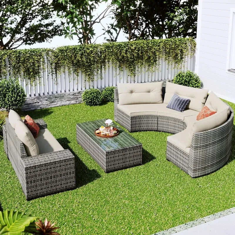 8-Piece Outdoor Patio Conversation Set, PE Rattan Wicker Half-Moon Sectional Sofa, All-Weather Seating for Gardens and Patios