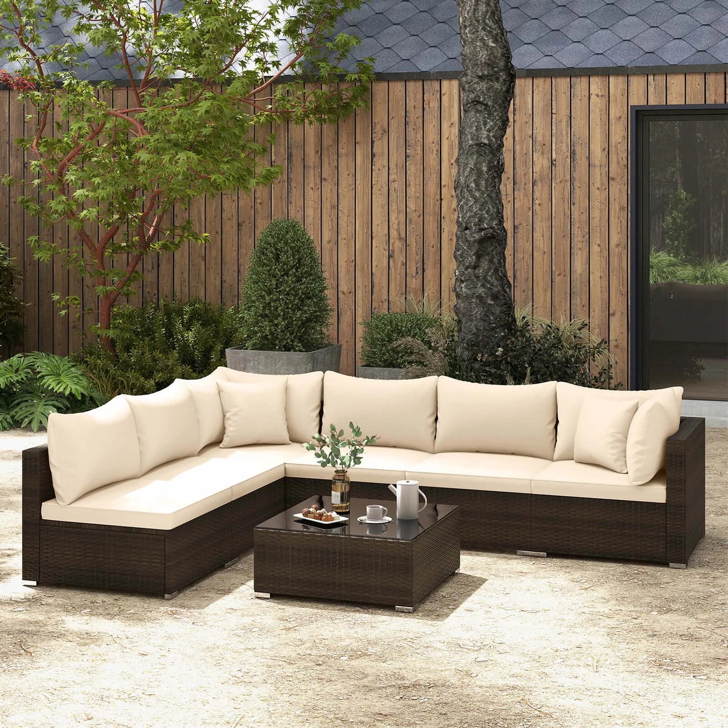 Hot Sale Item 7 PCS Patio Rattan Furniture Set Sectional Sofa Cushioned Garden Brown