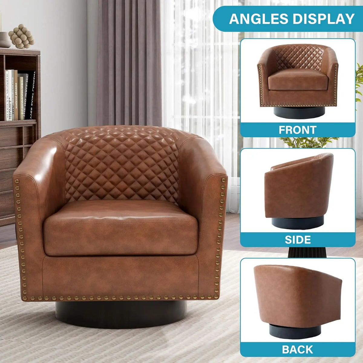 Faux Leather Swivel Barrel Accent Chairs Set of 2, Upholstered Armchair Club Chair for Living Room, Round Comfy Single Sofa Bedr