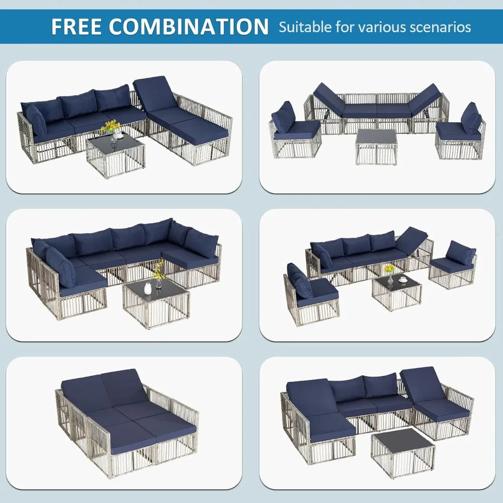 7 Pieces Outdoor Patio Furniture Set, Wicker Outdoor Sectional Conversation Couch Set with Adjustable Backrest Sofa