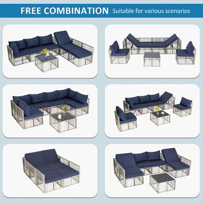 7 Pieces Outdoor Patio Furniture Set, Wicker Outdoor Sectional Conversation Couch Set with Adjustable Backrest Sofa