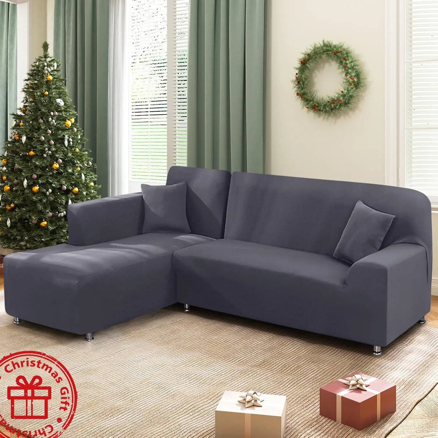 L-Shaped Stretch Sofa Covers, 2-Piece Set with Pillow Covers for Pets and Kids, Light Grey