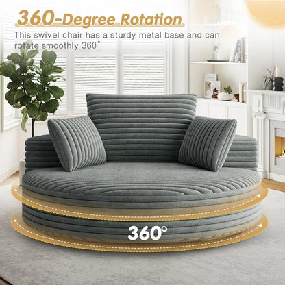 "Oversized 55 Inch Round Swivel Barrel Chair - 360 Degree Corduroy Upholstered Comfortable Chaise Lounge Chair for Indoor Use, M