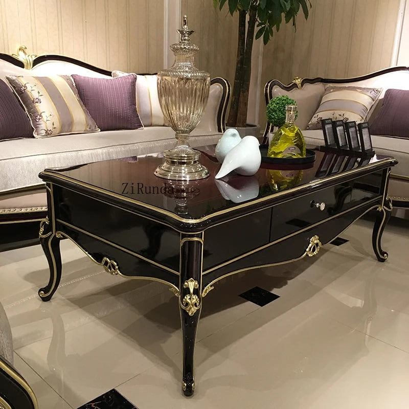 Living room coffee table Luxury solid wood carved living room coffee table side table Ebony color complete furniture