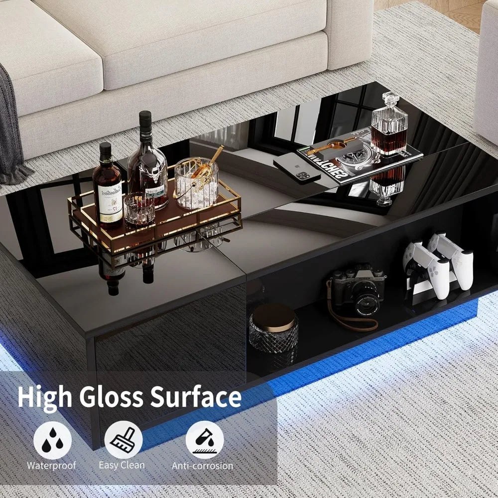 47" Modern LED Coffee Table with Lift Top, All Black Coffee Table with Storage High Gloss Surface, Hidden Storage with Drawer,