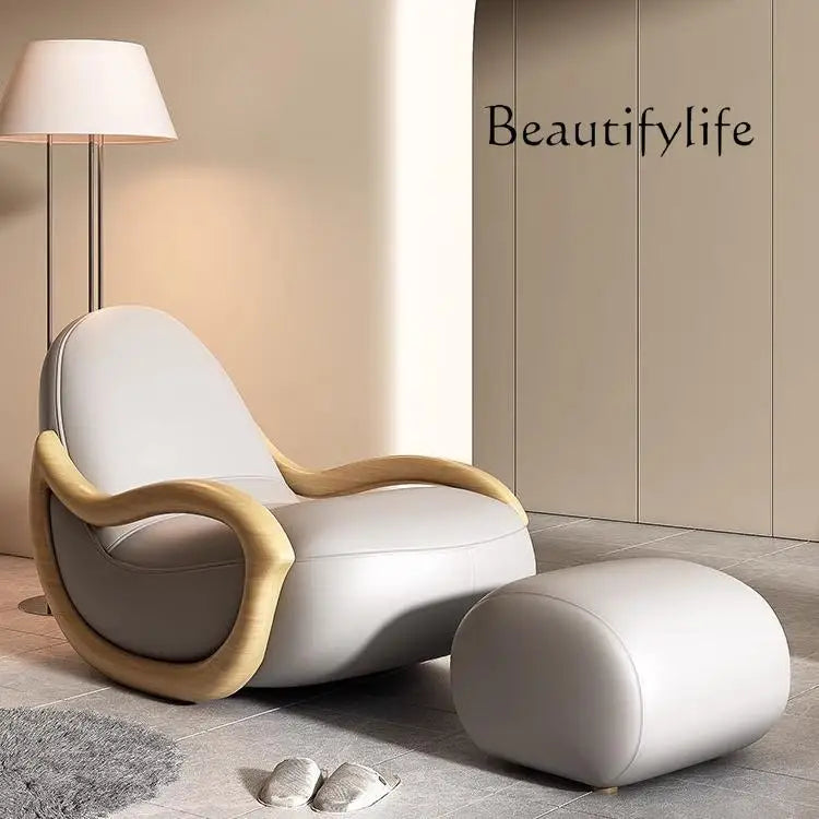 Household balcony leisure chair sofa solid wood rocking chair Chinese lazy sofa recliner environmentally friendly leather