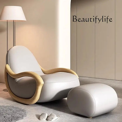 Household balcony leisure chair sofa solid wood rocking chair Chinese lazy sofa recliner environmentally friendly leather
