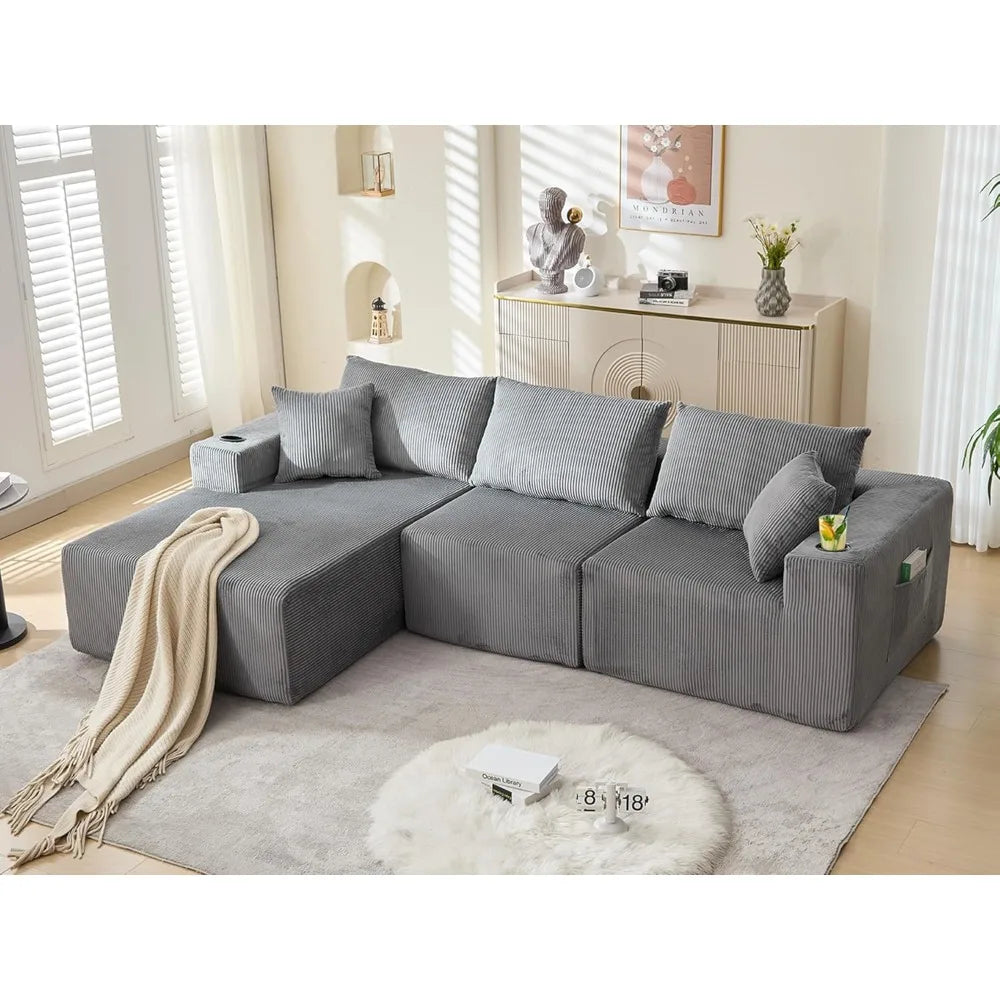 107-inch Cloud-Style Sofa, Modular Sofa with L-Shaped Chaise Longue, Corduroy Frameless Sofa, Living Room Upholstered Sofa
